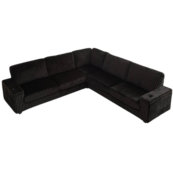 Black corduroy modular sectional sofa with five seats, USB charging ports, armrest storage, cup holders, and soft throw pillows