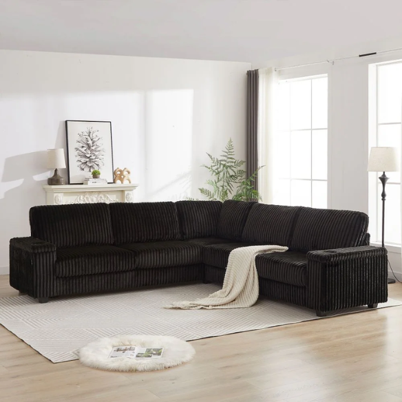Black corduroy modular sectional sofa with five seats, USB charging ports, armrest storage, cup holders, and soft throw pillows