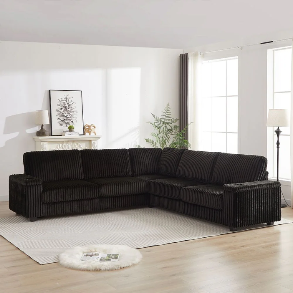 Black corduroy modular sectional sofa with five seats, USB charging ports, armrest storage, cup holders, and soft throw pillows