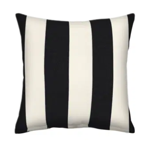 Striped accent pillow in black and cream – weather-resistant and reversible with plush polyester fill, ideal for indoor or outdoor use on patios, decks, or sofas.