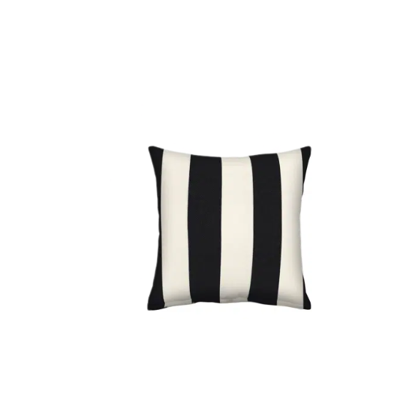 Striped accent pillow in black and cream – weather-resistant and reversible with plush polyester fill, ideal for indoor or outdoor use on patios, decks, or sofas.