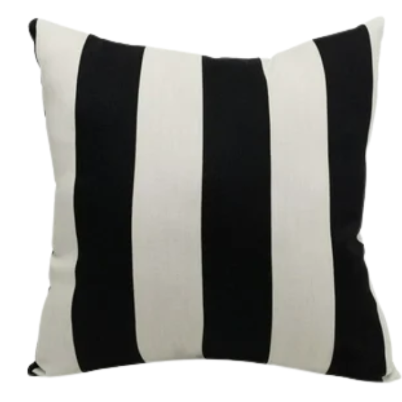 Striped accent pillow in black and cream – weather-resistant and reversible with plush polyester fill, ideal for indoor or outdoor use on patios, decks, or sofas.