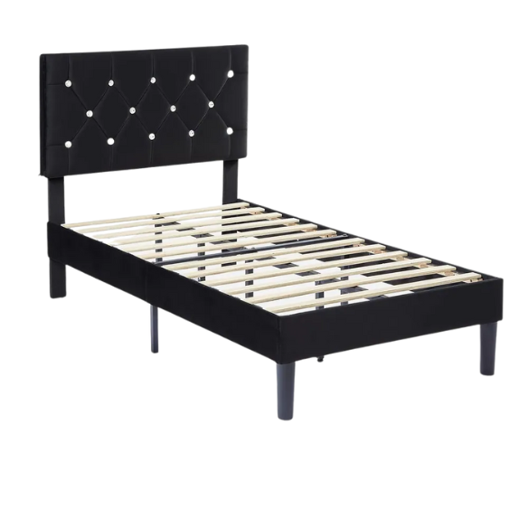 Black twin size upholstered bed frame with diamond-tufted velvet headboard, gem detailing, and modern platform design