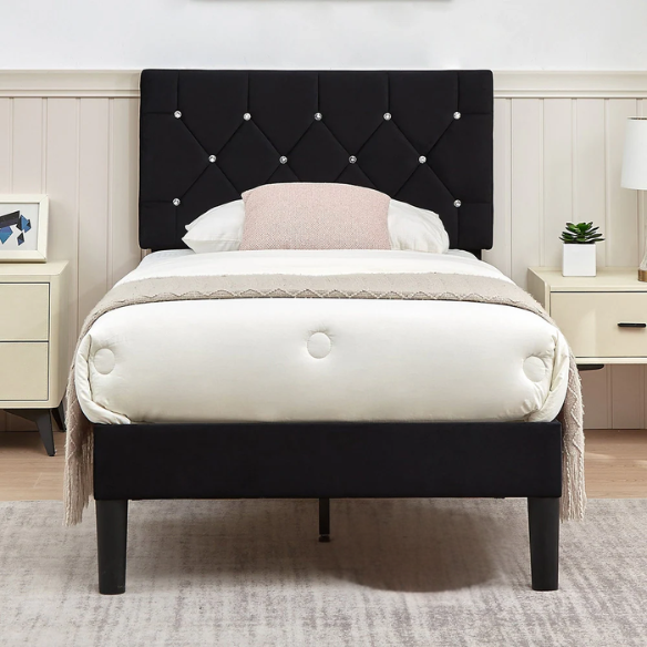 Black twin size upholstered bed frame with diamond-tufted velvet headboard, gem detailing, and modern platform design