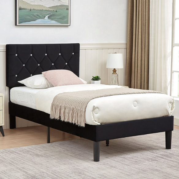 Black twin size upholstered bed frame with diamond-tufted velvet headboard, gem detailing, and modern platform design