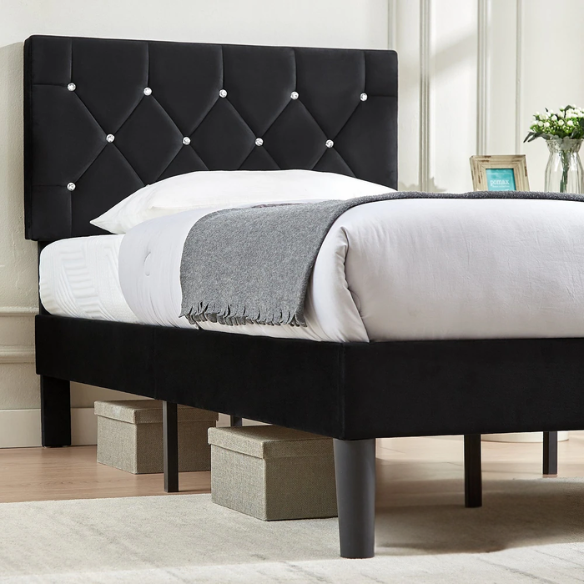 Black twin size upholstered bed frame with diamond-tufted velvet headboard, gem detailing, and modern platform design