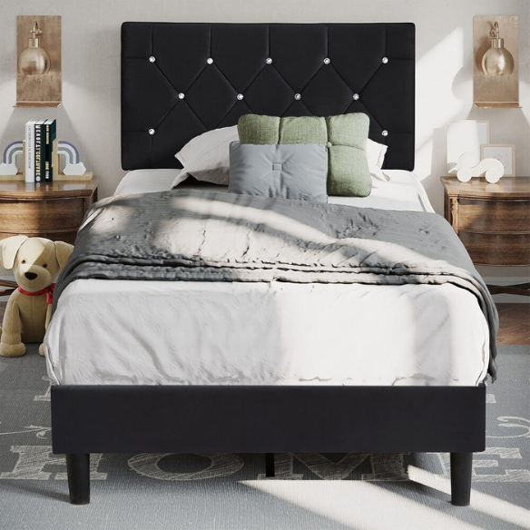 Black twin size upholstered bed frame with diamond-tufted velvet headboard, gem detailing, and modern platform design