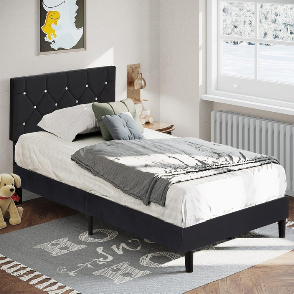 Black twin size upholstered bed frame with diamond-tufted velvet headboard, gem detailing, and modern platform design