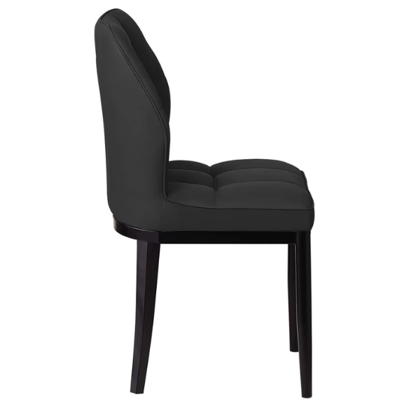 Set of two mid-century modern black faux leather dining chairs with checkered stitching and metal legs
