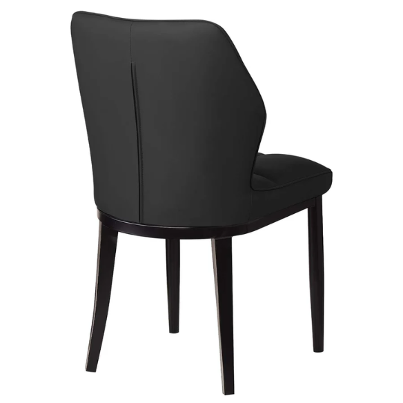 Set of two mid-century modern black faux leather dining chairs with checkered stitching and metal legs