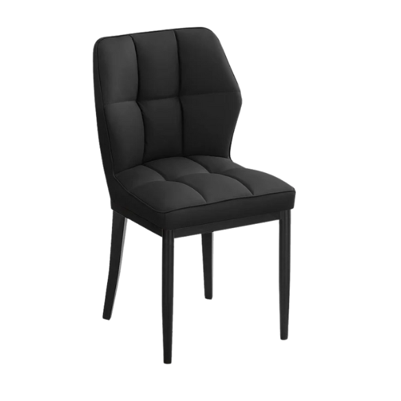 Set of two mid-century modern black faux leather dining chairs with checkered stitching and metal legs
