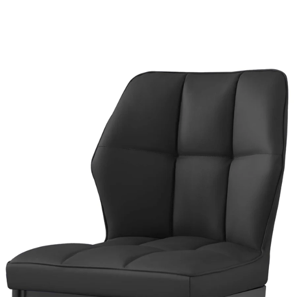 Set of two mid-century modern black faux leather dining chairs with checkered stitching and metal legs