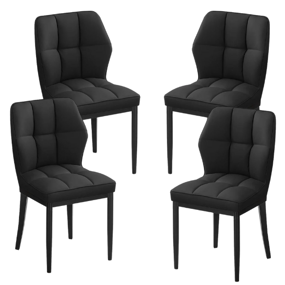 Set of two mid-century modern black faux leather dining chairs with checkered stitching and metal legs