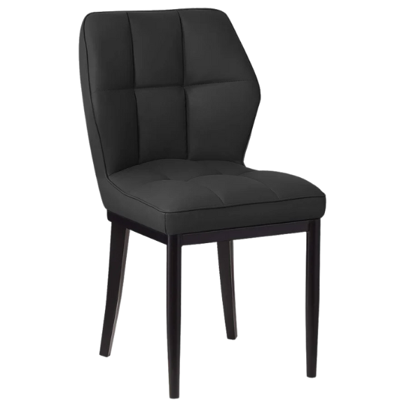 Set of two mid-century modern black faux leather dining chairs with checkered stitching and metal legs