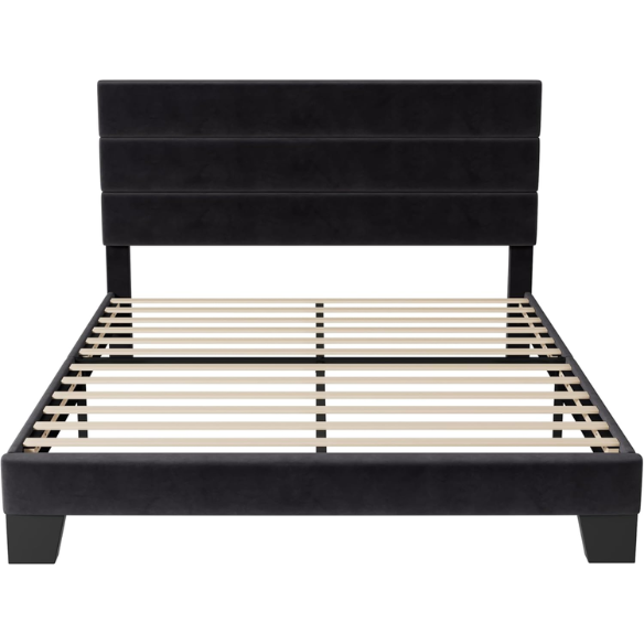 Black king-size upholstered platform bed with rectangular headboard, linen-blend fabric, and no box spring required