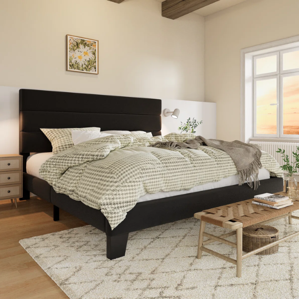 Black king-size upholstered platform bed with rectangular headboard, linen-blend fabric, and no box spring required