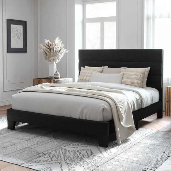 Black king-size upholstered platform bed with rectangular headboard, linen-blend fabric, and no box spring required