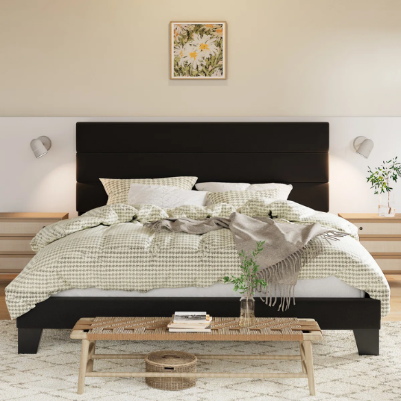 Black king-size upholstered platform bed with rectangular headboard, linen-blend fabric, and no box spring required