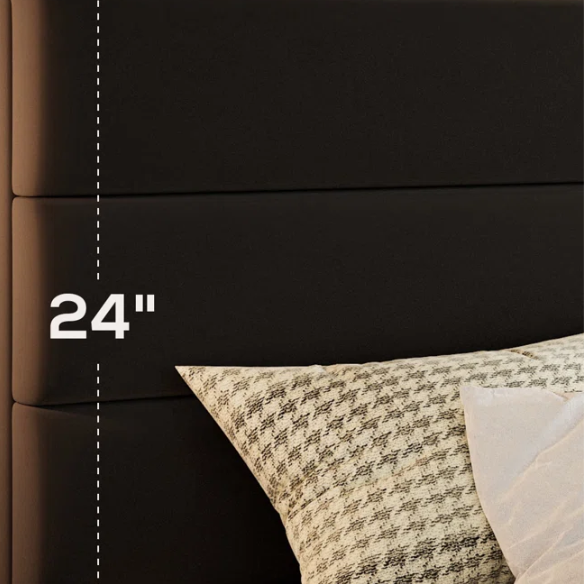 Black king-size upholstered platform bed with rectangular headboard, linen-blend fabric, and no box spring required