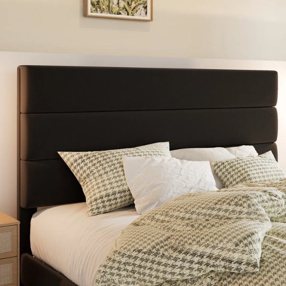 Black king-size upholstered platform bed with rectangular headboard, linen-blend fabric, and no box spring required