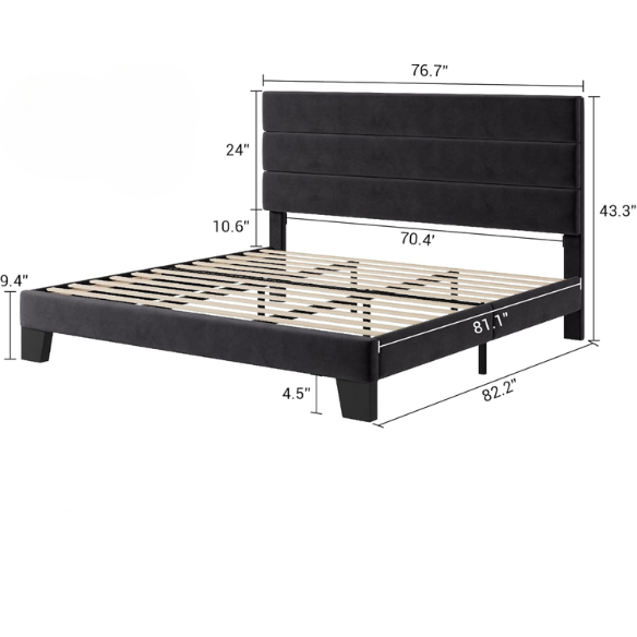 Black king-size upholstered platform bed with rectangular headboard, linen-blend fabric, and no box spring required