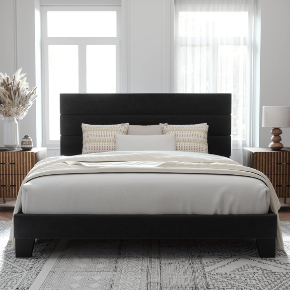 Black king-size upholstered platform bed with rectangular headboard, linen-blend fabric, and no box spring required