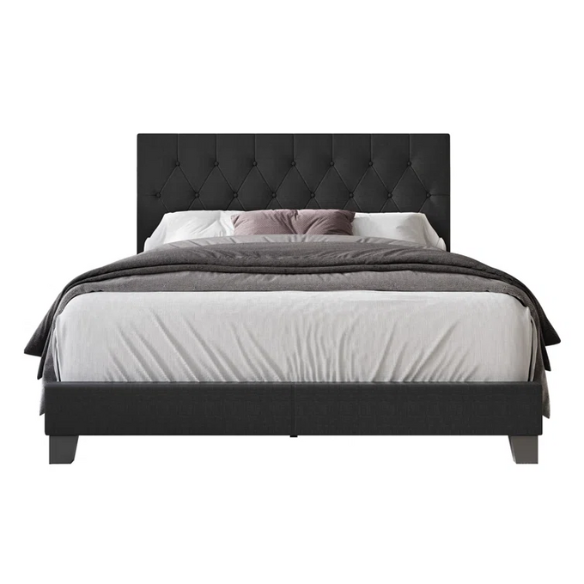 Black linen full size upholstered bed with button tufted rectangular headboard and solid wood frame.