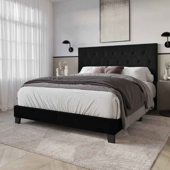 Black linen full size upholstered bed with button tufted rectangular headboard and solid wood frame.