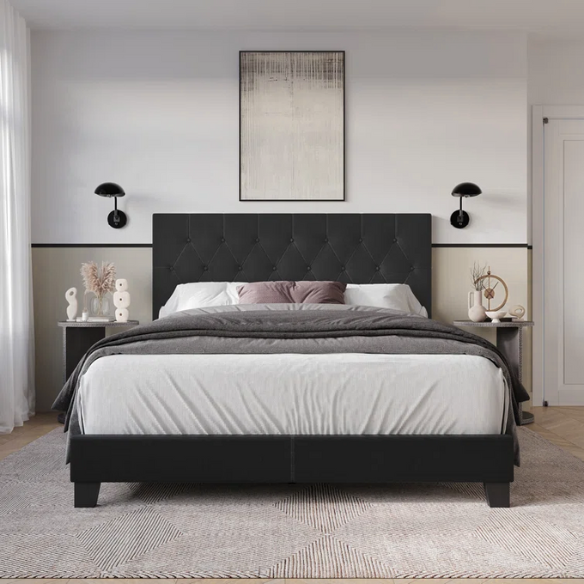 Black linen full size upholstered bed with button tufted rectangular headboard and solid wood frame.
