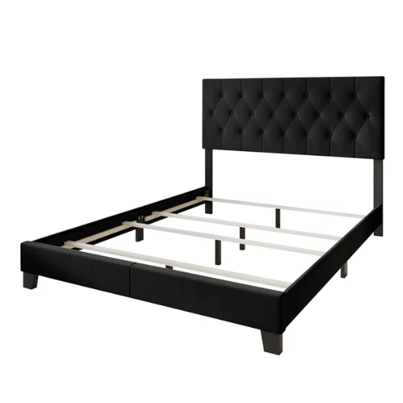 Black linen full size upholstered bed with button tufted rectangular headboard and solid wood frame.