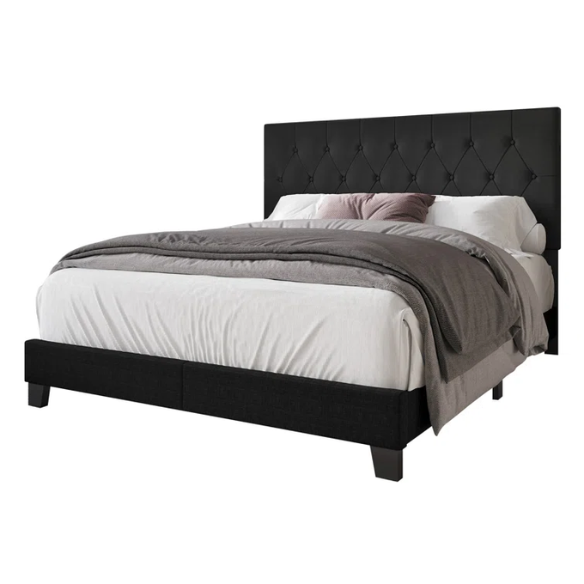 Black linen full size upholstered bed with button tufted rectangular headboard and solid wood frame.