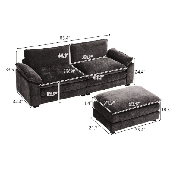Black modular cloud sofa with deep foam cushions, pillow top arms, and matching ottoman