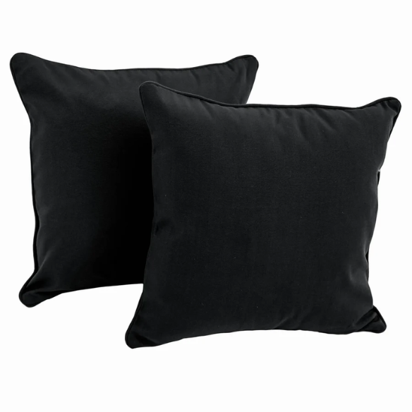 Set of two black square throw pillows with piped edges and hidden zipper, ideal for modern, transitional, or minimalist home décor