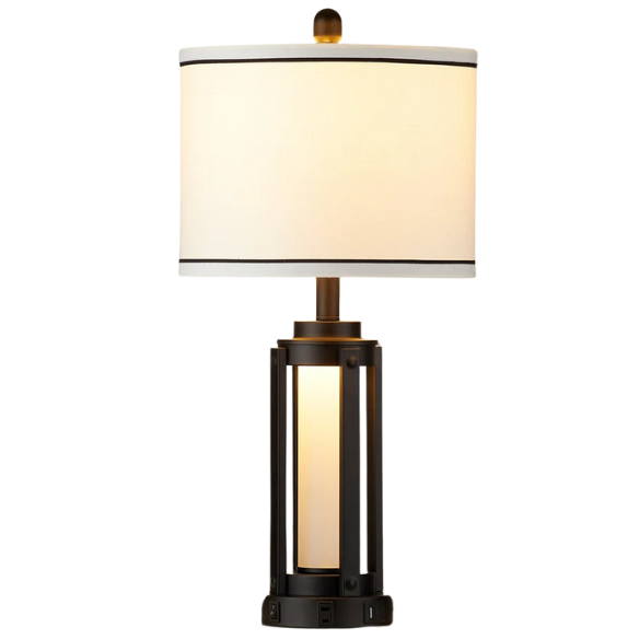 Set of two 25.3-inch modern black table lamps featuring white drum shades with black trim, built-in nightlight, USB and Type-C charging ports, and AC outlet on each base.