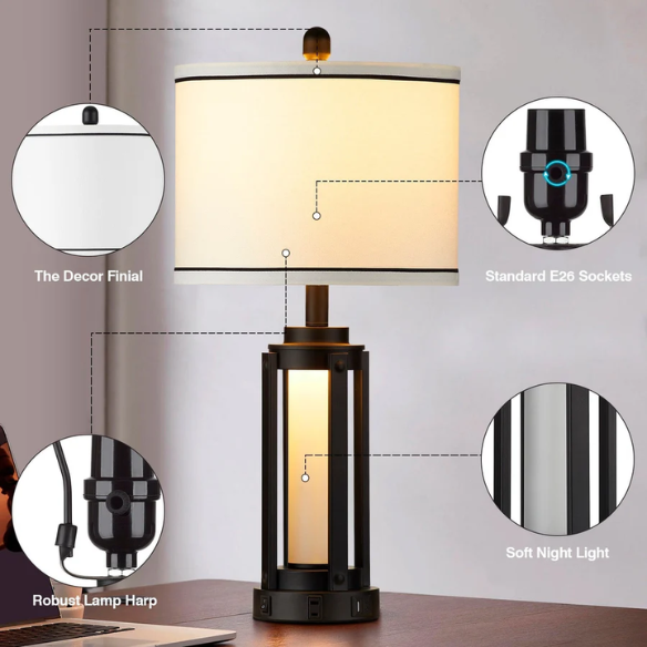 Set of two 25.3-inch modern black table lamps featuring white drum shades with black trim, built-in nightlight, USB and Type-C charging ports, and AC outlet on each base.