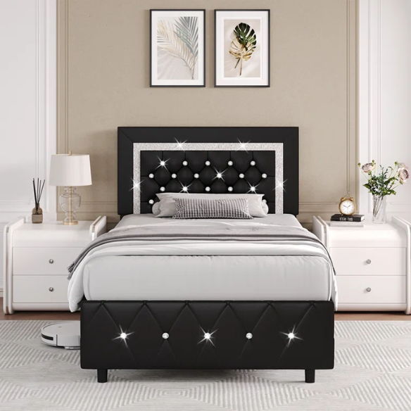 Black twin-size platform bed frame with crystal-tufted headboard, faux leather upholstery, and underbed clearance—no box spring required