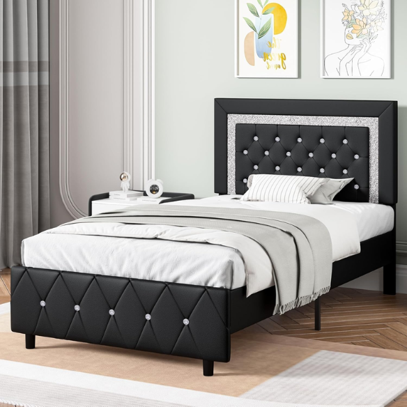 Black twin-size platform bed frame with crystal-tufted headboard, faux leather upholstery, and underbed clearance—no box spring required
