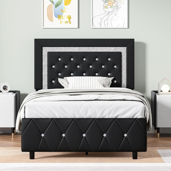 Black twin-size platform bed frame with crystal-tufted headboard, faux leather upholstery, and underbed clearance—no box spring required