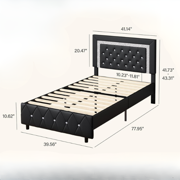 Black twin-size platform bed frame with crystal-tufted headboard, faux leather upholstery, and underbed clearance—no box spring required