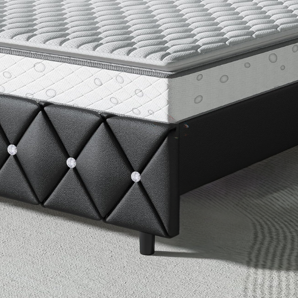 Black twin-size platform bed frame with crystal-tufted headboard, faux leather upholstery, and underbed clearance—no box spring required