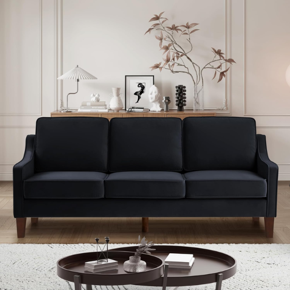Elegant black velvet 3-seater sofa with plush cushions, modern design, and wood frame – perfect for living rooms or formal lounges.