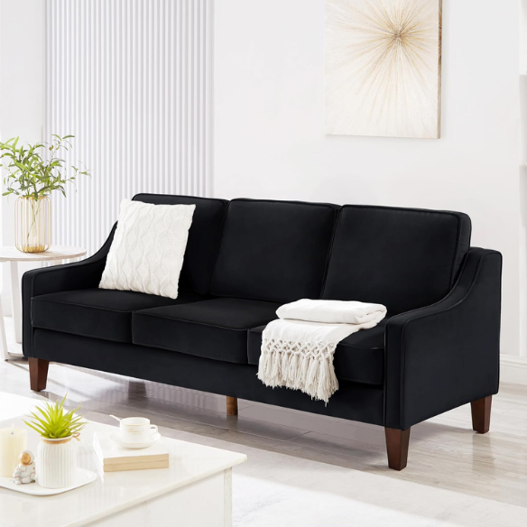 Elegant black velvet 3-seater sofa with plush cushions, modern design, and wood frame – perfect for living rooms or formal lounges.