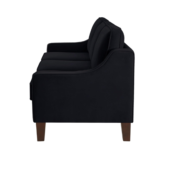 Elegant black velvet 3-seater sofa with plush cushions, modern design, and wood frame – perfect for living rooms or formal lounges.