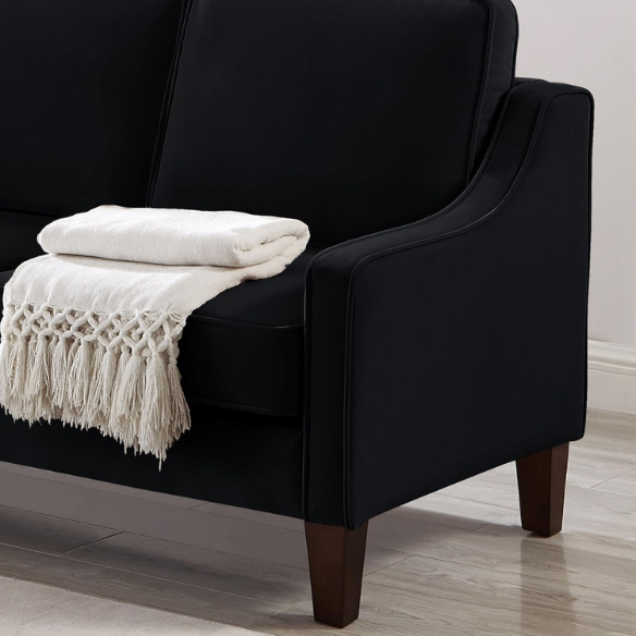 Elegant black velvet 3-seater sofa with plush cushions, modern design, and wood frame – perfect for living rooms or formal lounges.