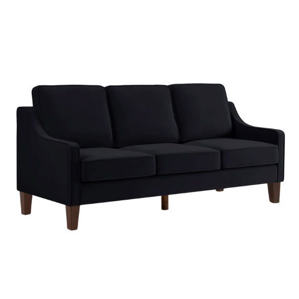 Elegant black velvet 3-seater sofa with plush cushions, modern design, and wood frame – perfect for living rooms or formal lounges.