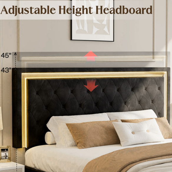 Black velvet full size platform bed with tufted headboard and footboard, featuring built-in RGB LED lighting, rectangular silhouette, and low-profile design.