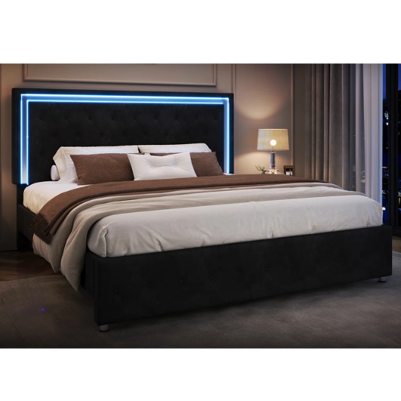 Black velvet full size platform bed with tufted headboard and footboard, featuring built-in RGB LED lighting, rectangular silhouette, and low-profile design.