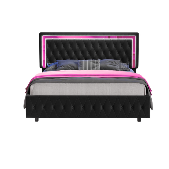 Black velvet full size platform bed with tufted headboard and footboard, featuring built-in RGB LED lighting, rectangular silhouette, and low-profile design.