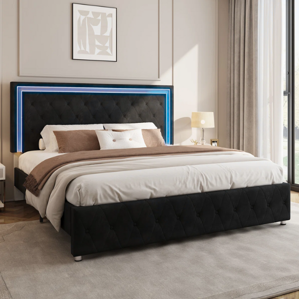 Black velvet full size platform bed with tufted headboard and footboard, featuring built-in RGB LED lighting, rectangular silhouette, and low-profile design.