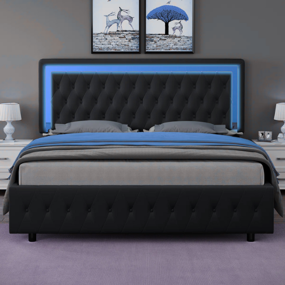 Black velvet full size platform bed with tufted headboard and footboard, featuring built-in RGB LED lighting, rectangular silhouette, and low-profile design.